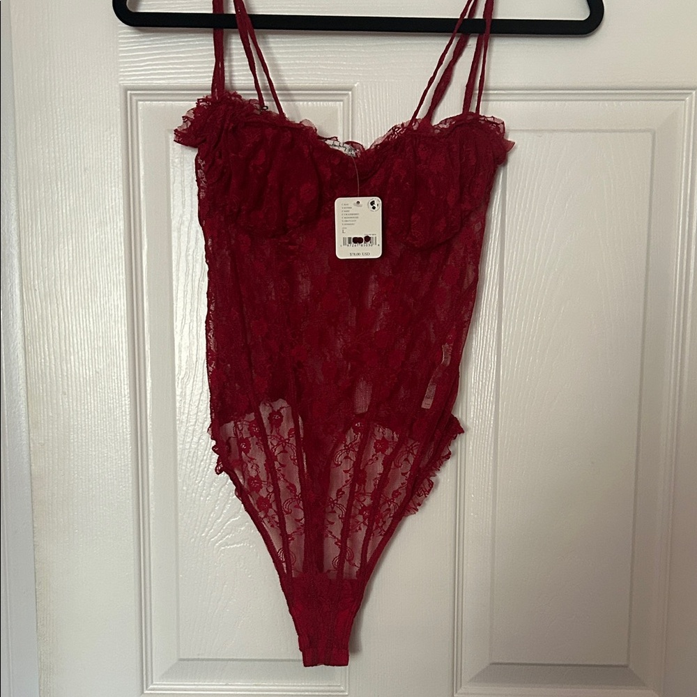 Free People Intimately
 Red Lace Bodysuit/ Lingerie size Large NWT